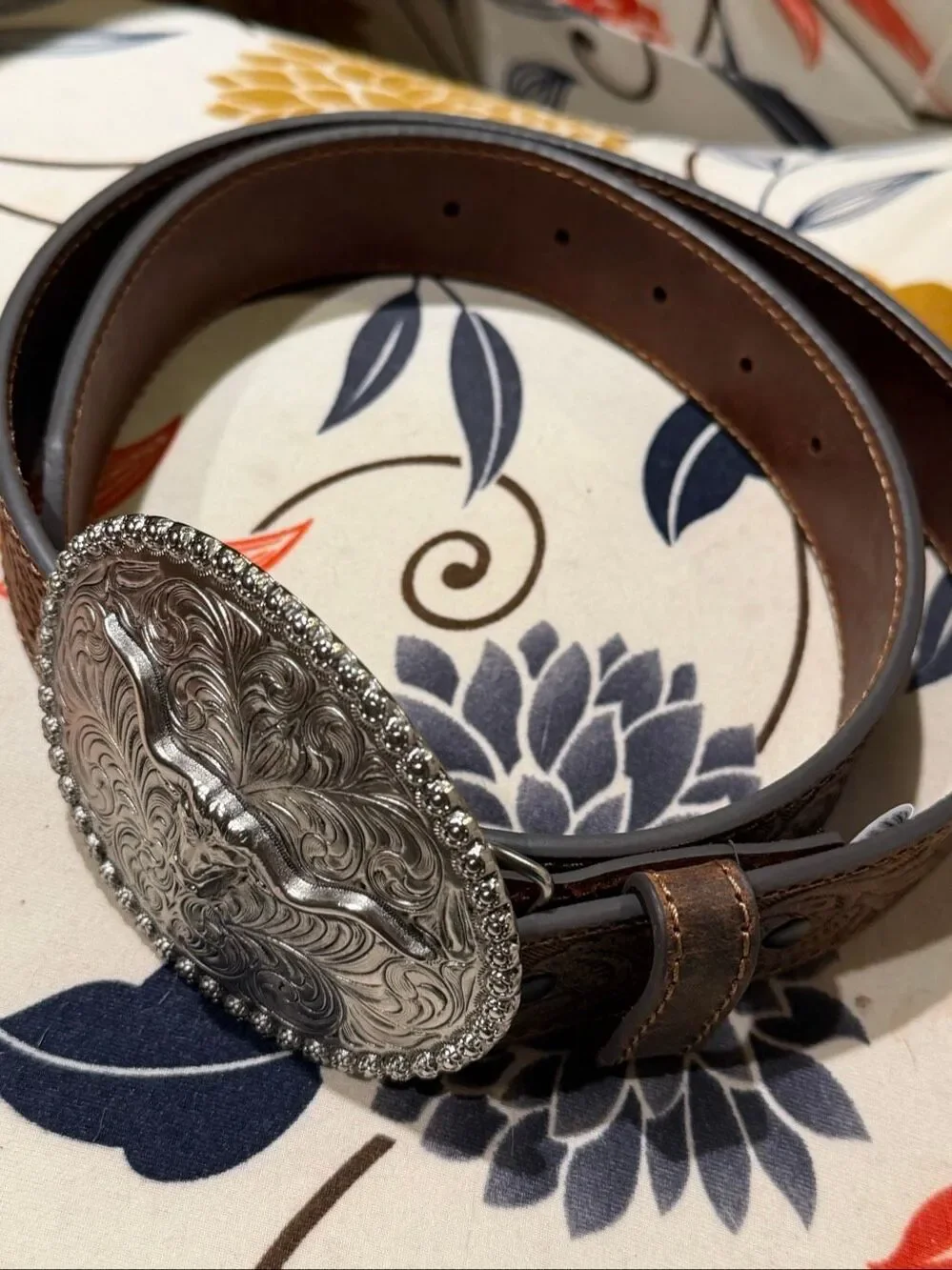 NWT genuine, leather tooled belt with a longhorn buckle